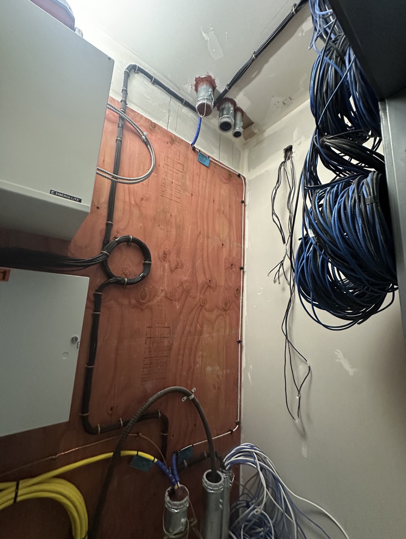 Conduit, service boxes, and coiled blue data cabling mounted on a plywood backboard